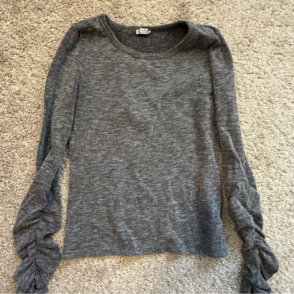 Free People Charcoal Ruched Sleeve Blouse